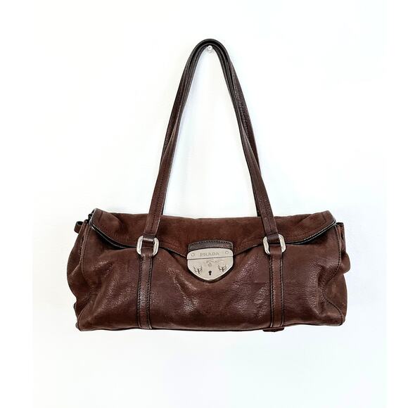 Prada Chocolate Brown Leather Cervo Antik Easy Foldover Pushlock Shoulder Purse - Picture 4 of 14